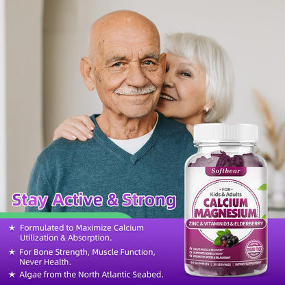 SoftBear Calcium Magnesium Zinc Gummies – Sugar-Free Elderberry Flavor, 120 Count | Bone Health & Immune Support