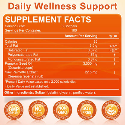 Pumpkin Seed Oil with Saw Palmetto 3500mg Softgels, 300ct, Cold-Pressed