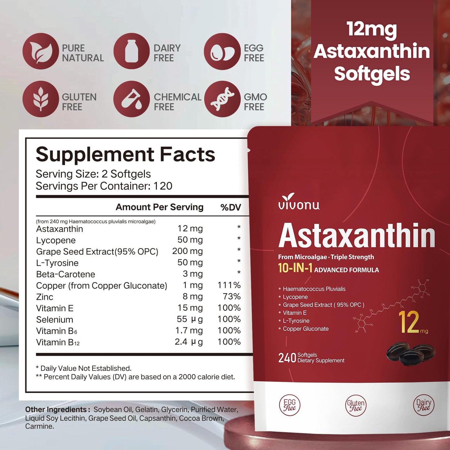 VivoNu 10 in 1 Astaxanthin Supplement – 12 mg from Haematococcus Pluvialis, 8-Month Supply (2 Bags)