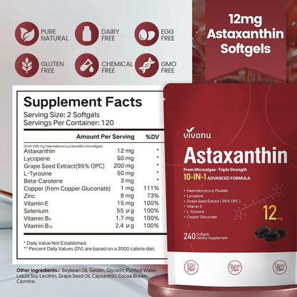 VivoNu 10 in 1 Astaxanthin Supplement – 12 mg from Haematococcus Pluvialis, 8-Month Supply (2 Bags)