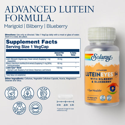 SOLARAY Advanced Lutein Eyes 24 mg – Eye Health Support with Lutein & Zeaxanthin, Bilberry & Blueberry, Vegan, 60 VegCaps