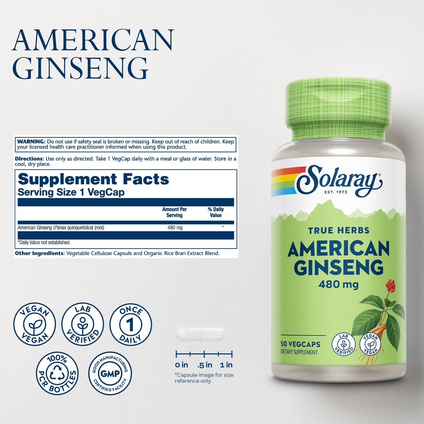 SOLARAY American Ginseng 480 mg | Adaptogenic Herb for Stress, Energy & Endurance | 50 VegCaps
