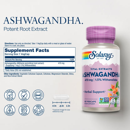 SOLARAY Vital Extracts Ashwagandha 470mg – Powerful Adaptogen, 60 VegCaps, 7mg Withanolides, Vegan & Non-GMO