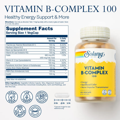 SOLARAY Vitamin B Complex – Healthy Energy, Immune & Nerve Support | Vegan 100 VegCaps