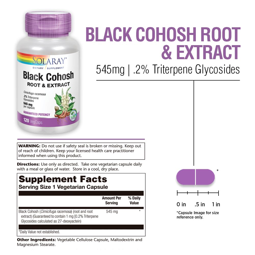 SOLARAY Black Cohosh Root & Extract 545mg | Womens Health & Menopause Support Supplement | Non-GMO | 120 VegCaps