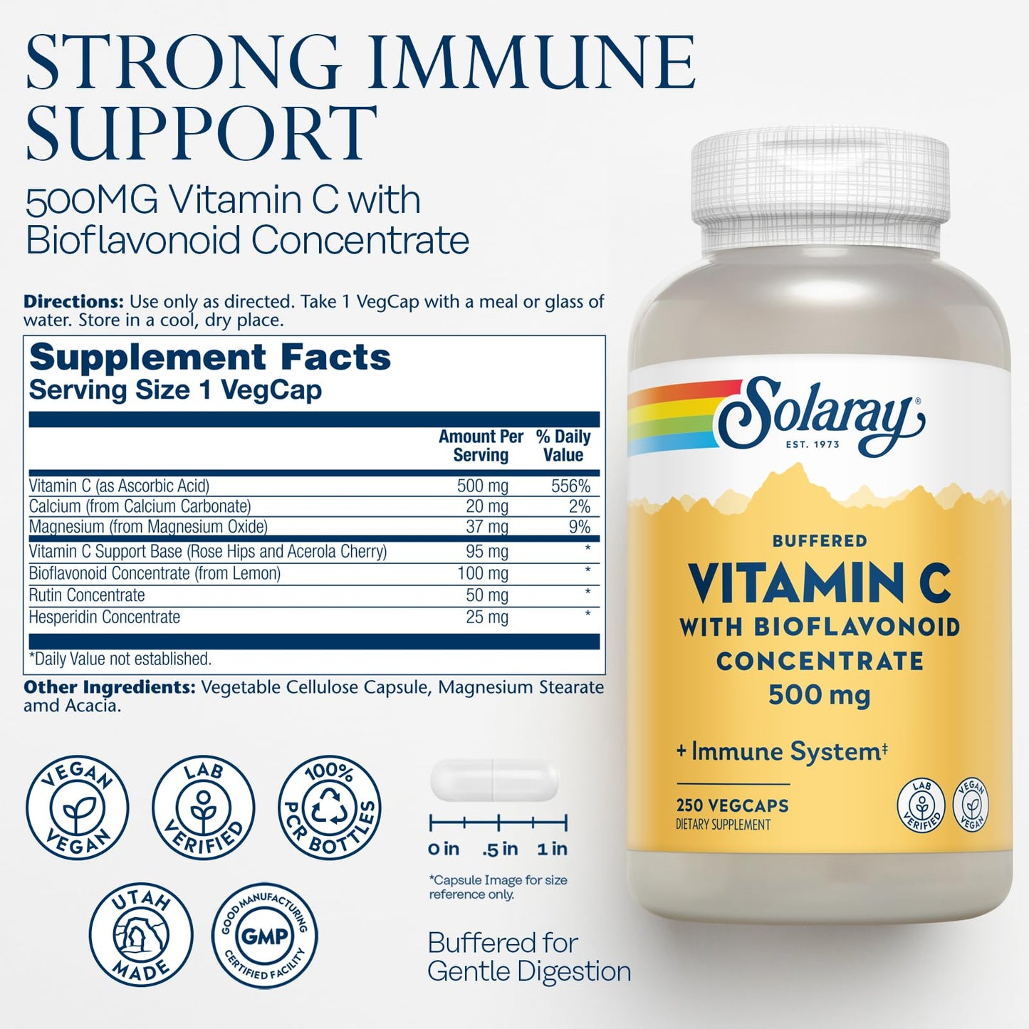 SOLARAY Buffered Vitamin C 500mg with Rose Hips & Acerola Cherry - Immune Support, Vegan, Lab Verified