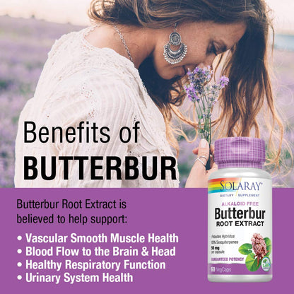 SOLARAY Butterbur Root Extract 50mg - Supports Blood Flow, Respiratory & Urinary Health | 60ct
