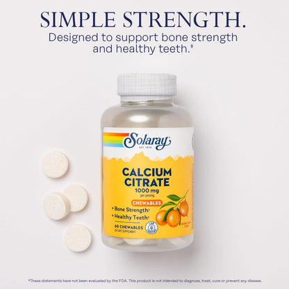 Solaray Calcium Citrate 1000 mg | Chelated Calcium for Bones, Teeth, Nerves & Heart (60 Chewables)