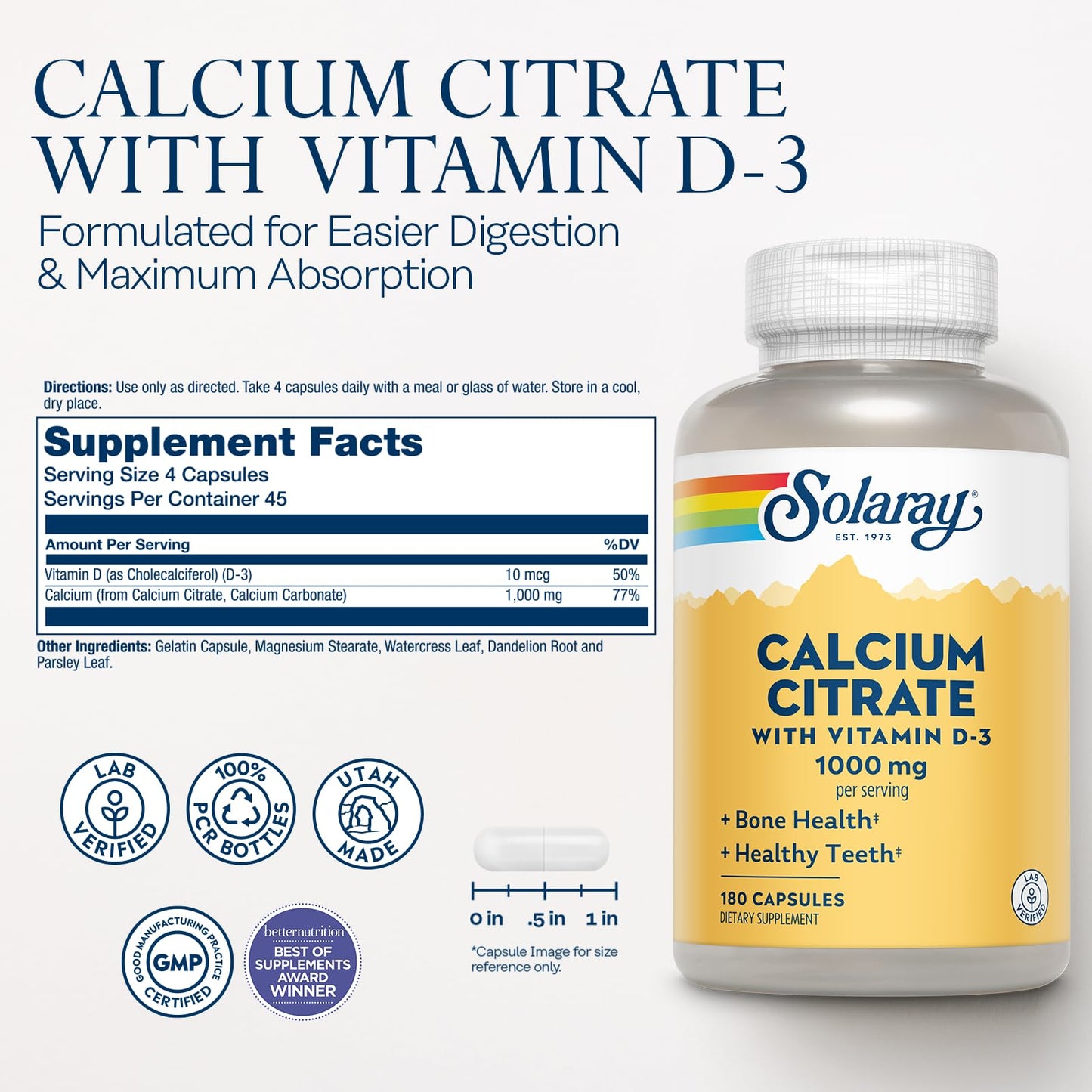 Solaray Calcium Citrate 1000mg with Vitamin D3 | Bone Health & Teeth Support