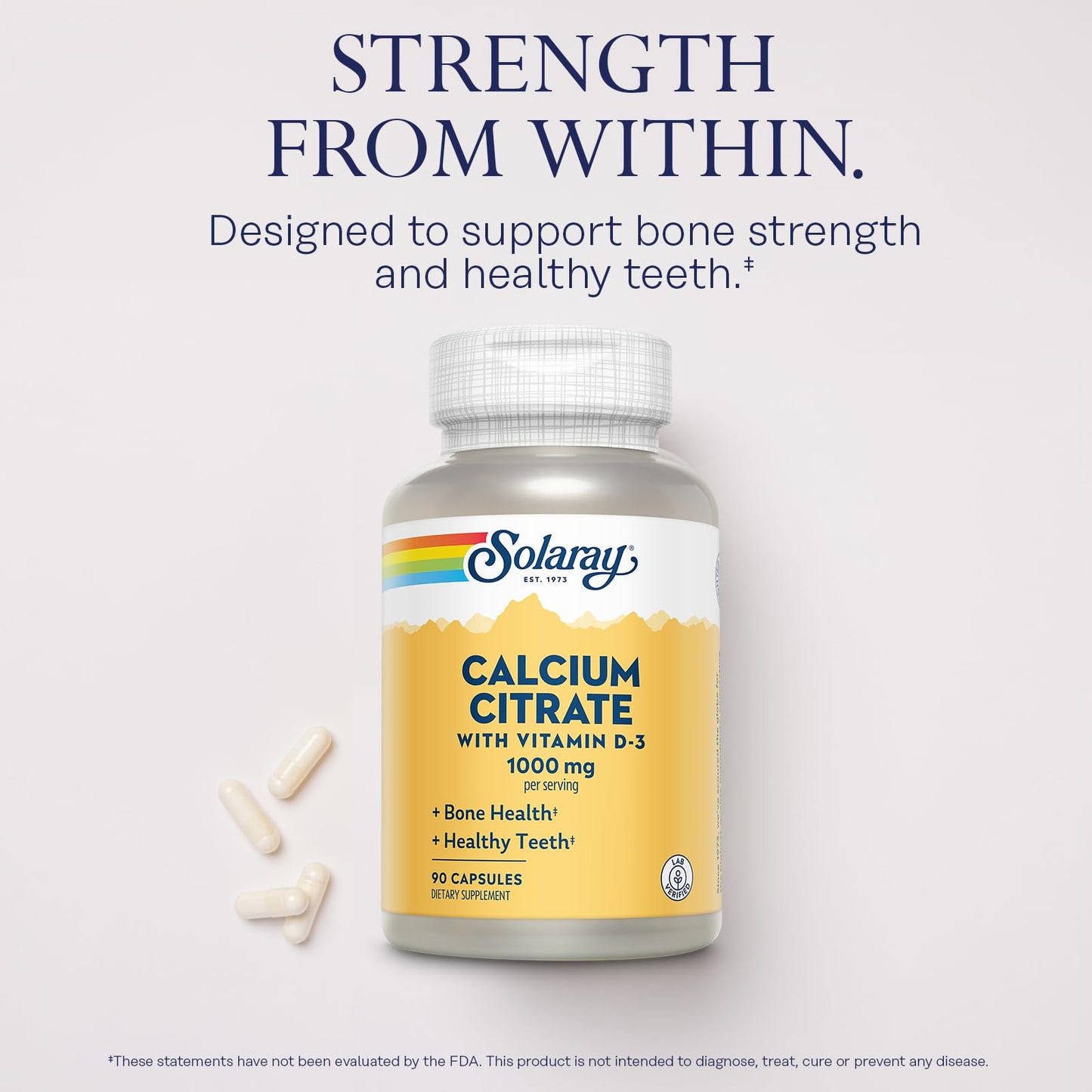 Solaray Calcium Citrate with Vitamin D3 1000mg – Bone & Teeth Support | 90 Capsules, 15 Servings, 60-Day Guarantee