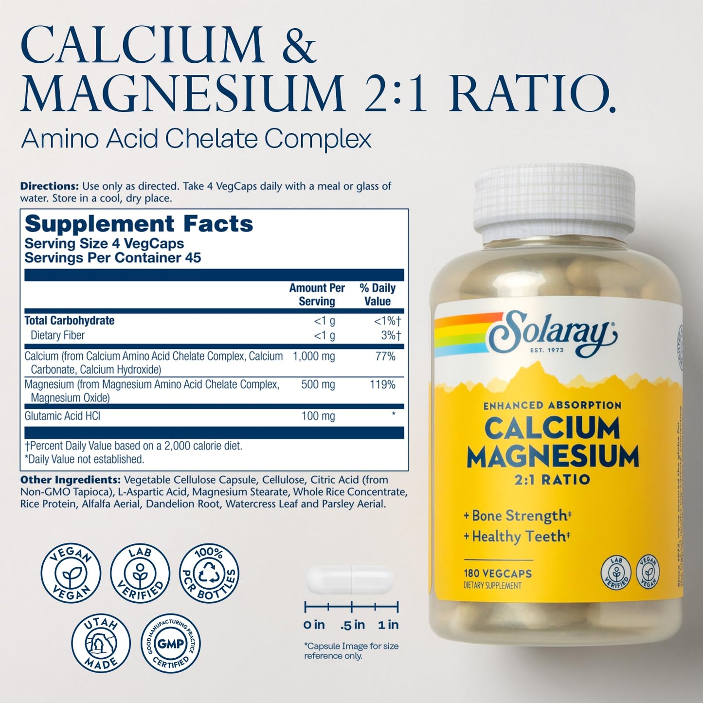 SOLARAY Calcium Magnesium Supplement – 2:1 Calcium Magnesium for Bone Health – Vegan, High Absorption