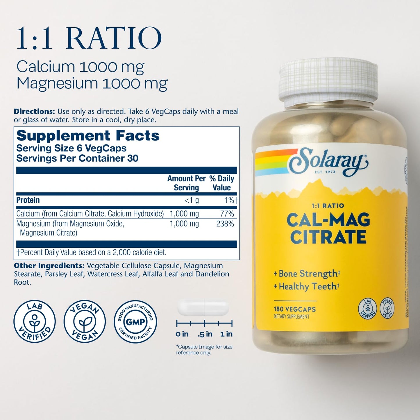Solaray Calcium Magnesium Citrate 1:1 Ratio - Bones, Teeth, Muscle & Nerve Support | 180 VegCaps