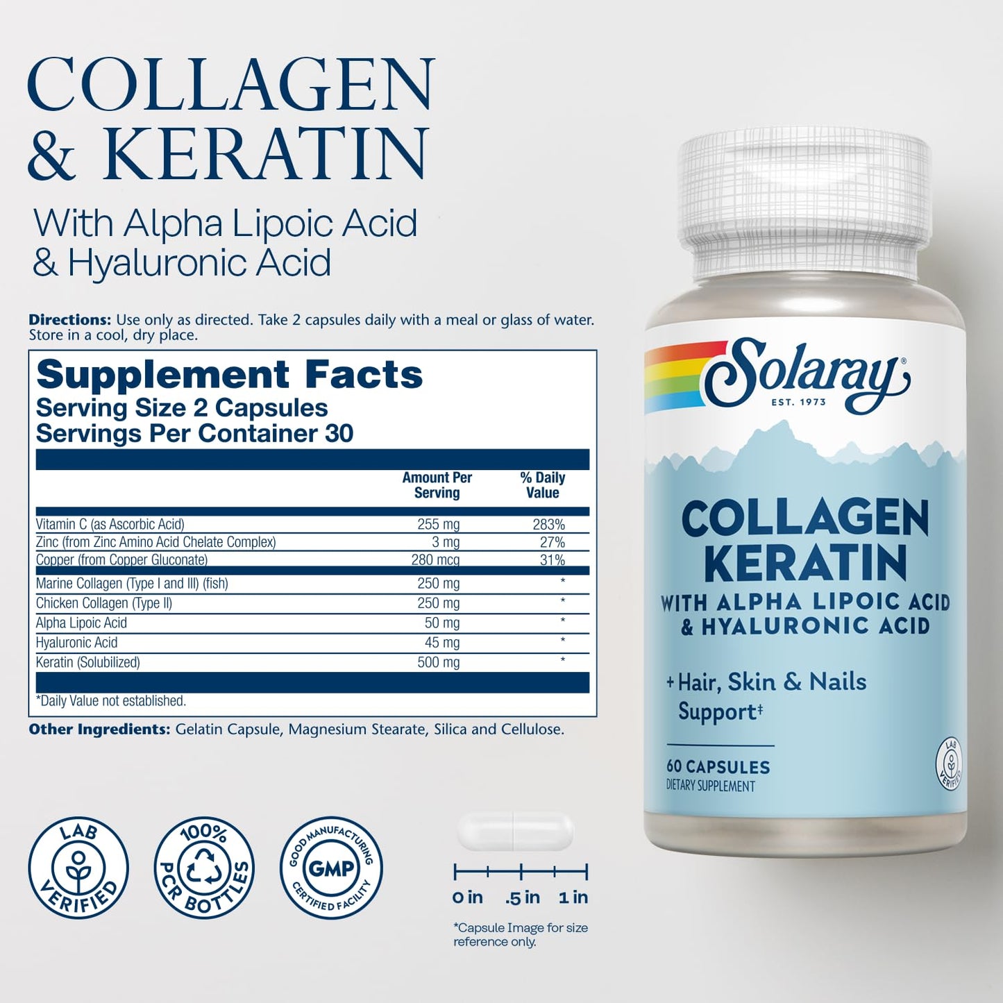 SOLARAY Collagen Keratin with Alpha Lipoic Acid & Hyaluronic Acid – Type I, II & III Collagen Pills for Hair, Skin, Nails & Joint Health | 60 Capsules
