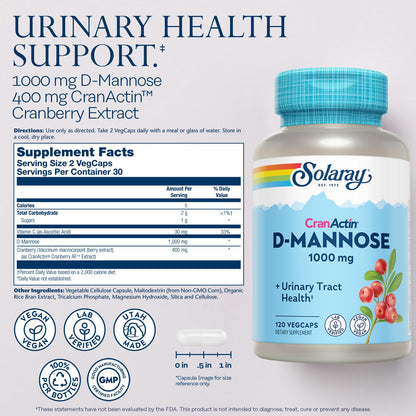 SOLARAY D-Mannose 1000mg with CranActin Cranberry Extract - Vegan Urinary Tract Support + Vitamin C
