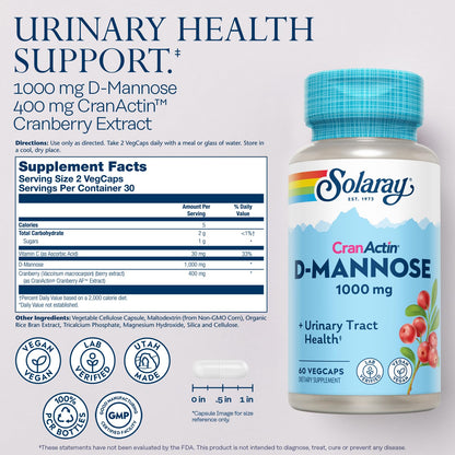 Solaray D-Mannose 1000mg with CranActin Cranberry | UTI Support (Vegan)