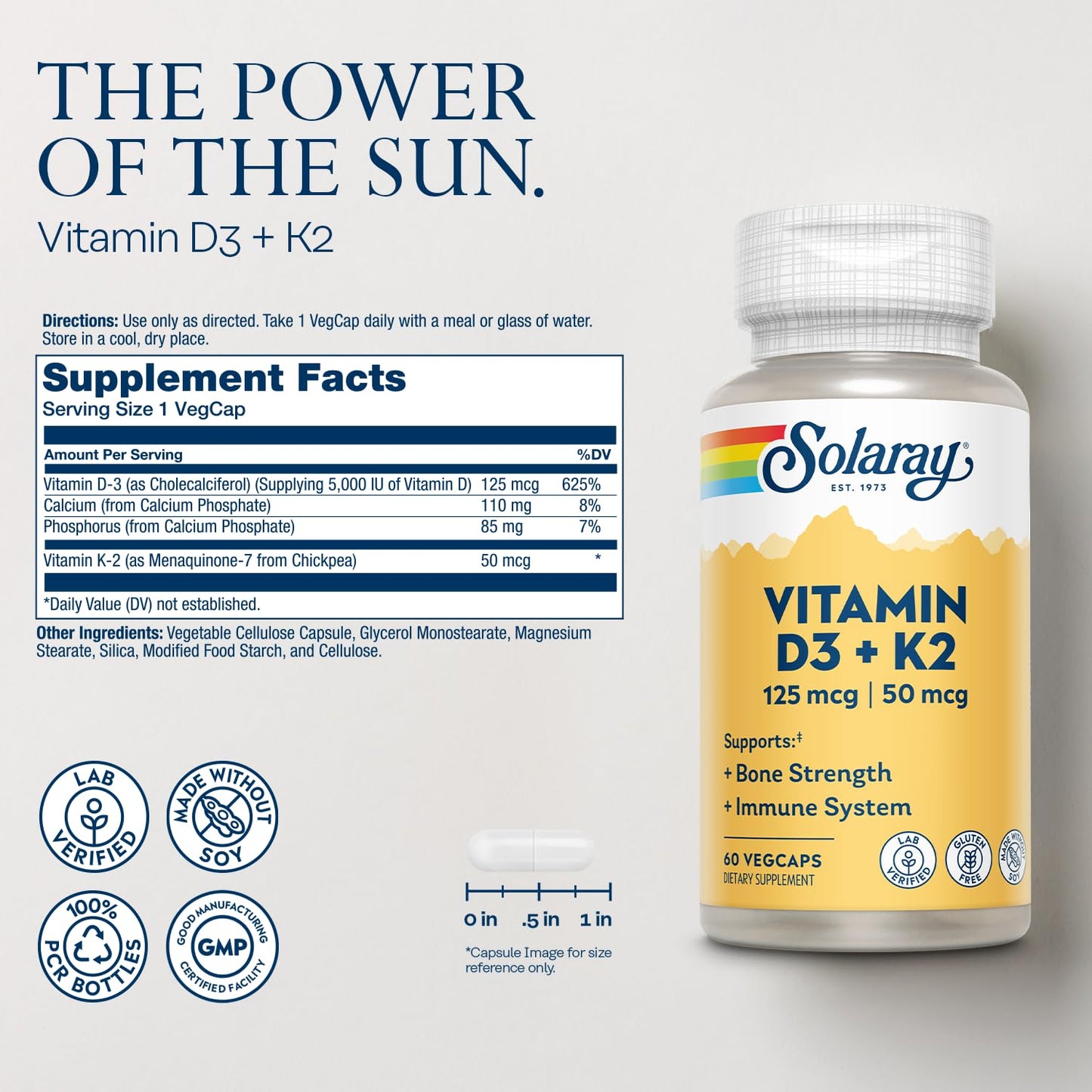 SOLARAY Vitamin D3 K2 - Bone Health & Immune Support | 5000 IU D3, 50 mcg MK-7, Soy-Free, 60 VegCaps, 60-Day Guarantee