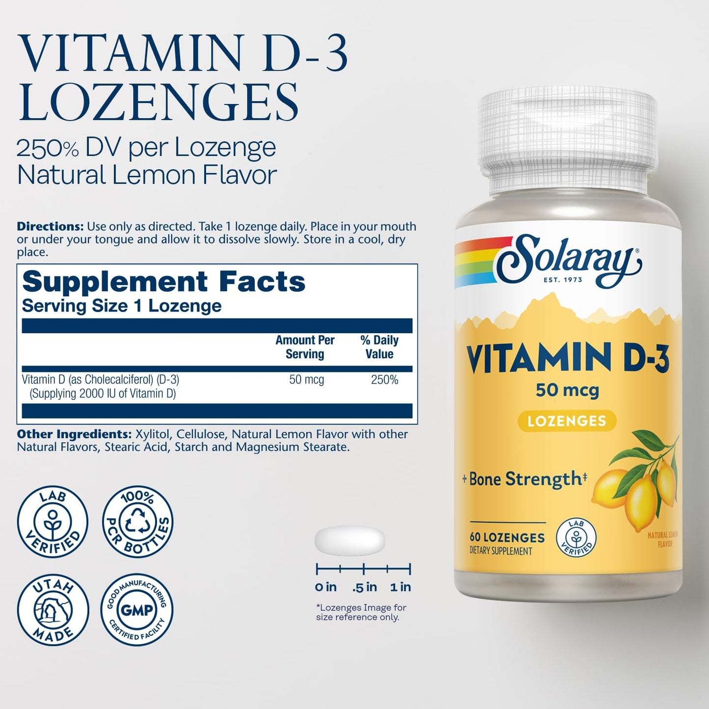 SOLARAY Vitamin D3 Lozenges 50 mcg (2000 IU) – Bone & Immune Support