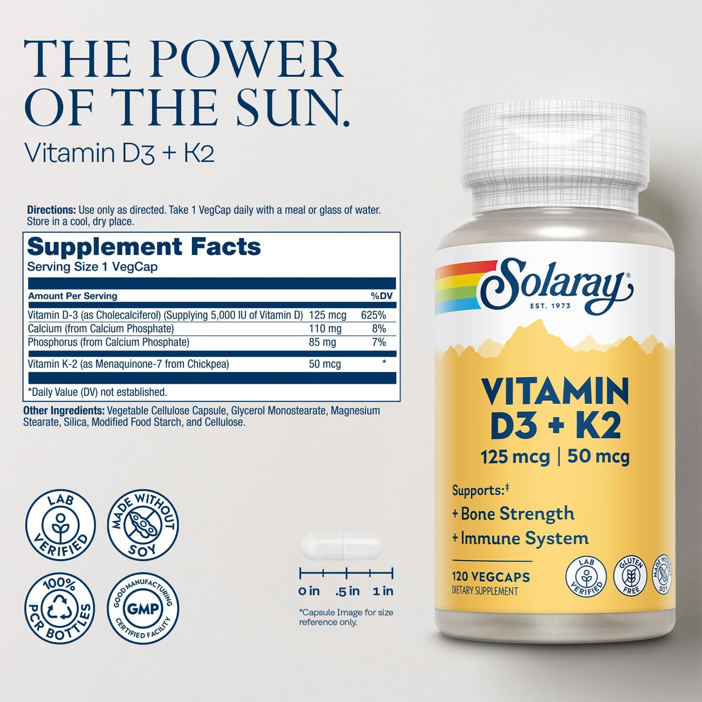 SOLARAY Vitamin D3 K2 – 5000 IU D3, 50 mcg MK7 | Bone Health & Immune Support