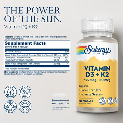 SOLARAY Vitamin D3 K2 – 5000 IU D3, 50 mcg MK7 | Bone Health & Immune Support