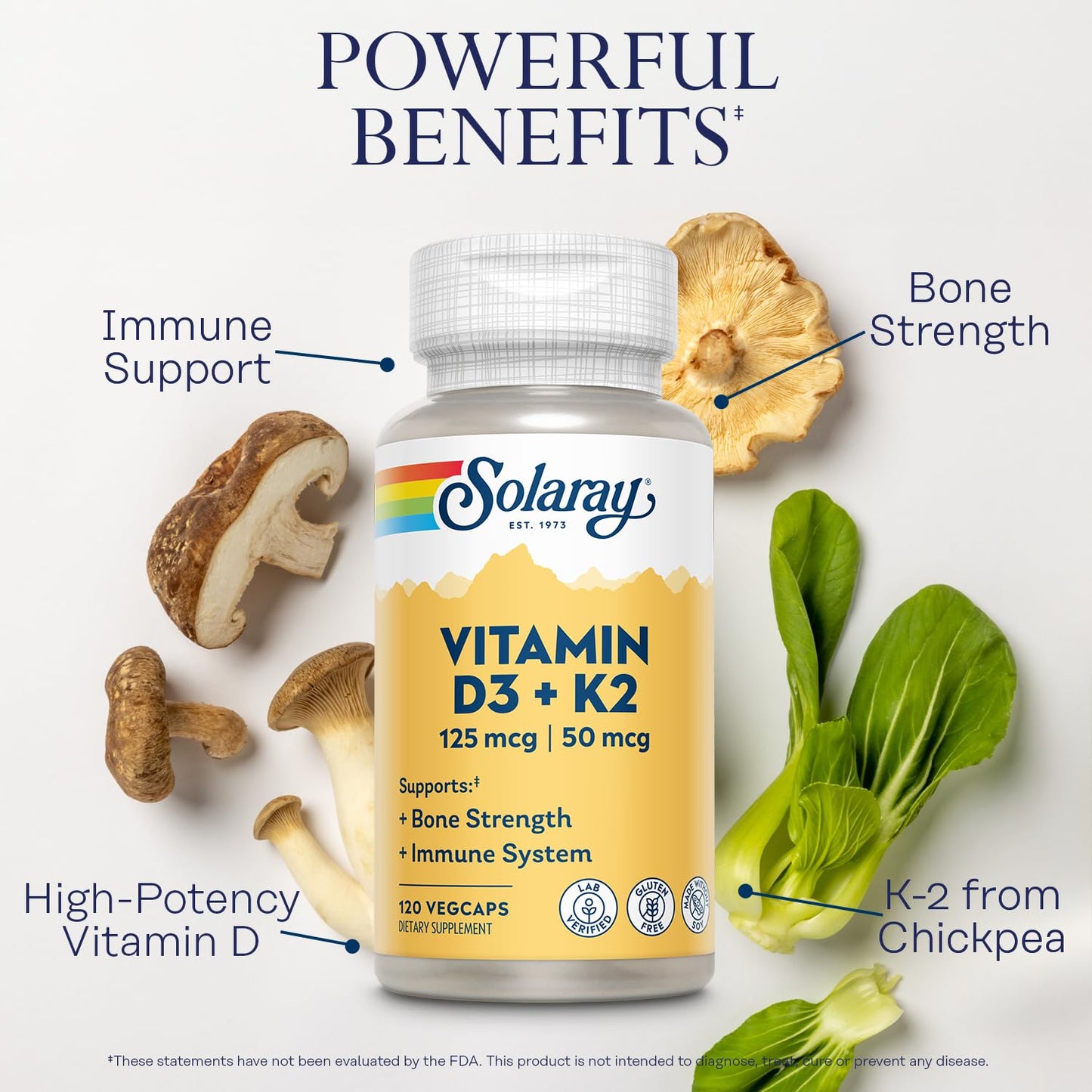 SOLARAY Vitamin D3 K2 – 5000 IU D3, 50 mcg MK7 | Bone Health & Immune Support