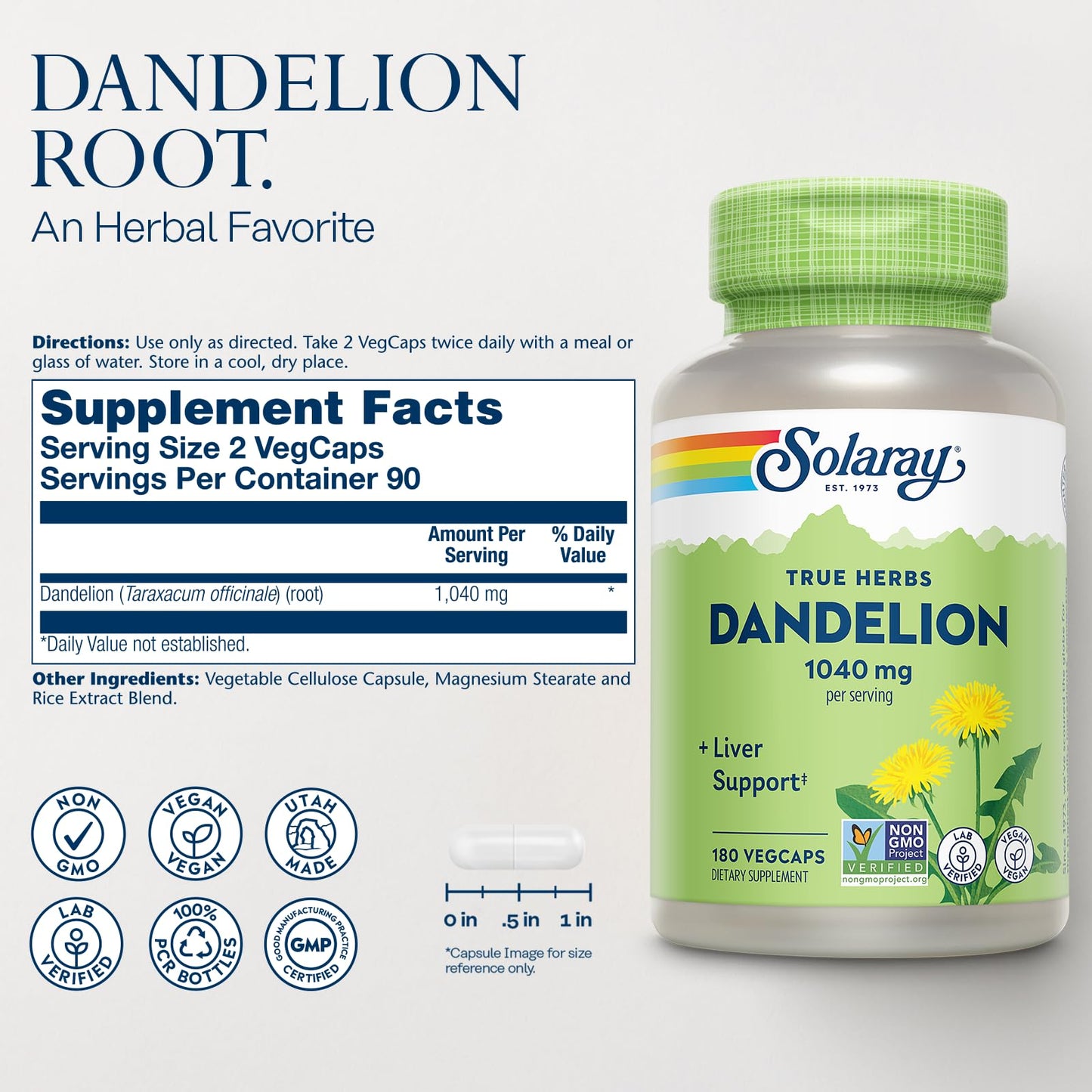 SOLARAY Dandelion Root Supplement – Kidney & Liver Support – 1,040 mg per Serving | Vegan, Lab Verified
