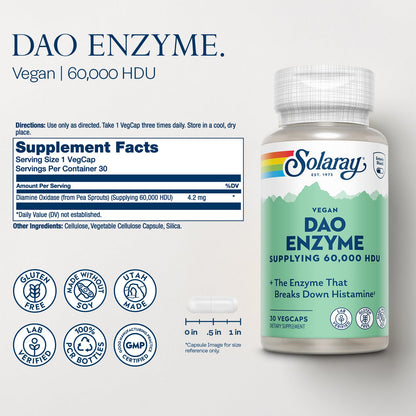 SOLARAY DAO Enzyme – Digestive Enzyme (60,000 HDU) – 30 Servings, Vegan & Gluten Free | Lab Verified