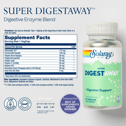 SOLARAY Super Digestaway Digestive Enzymes - Pancreatin, Papain & Ginger | Lab Verified | 90 VegCaps