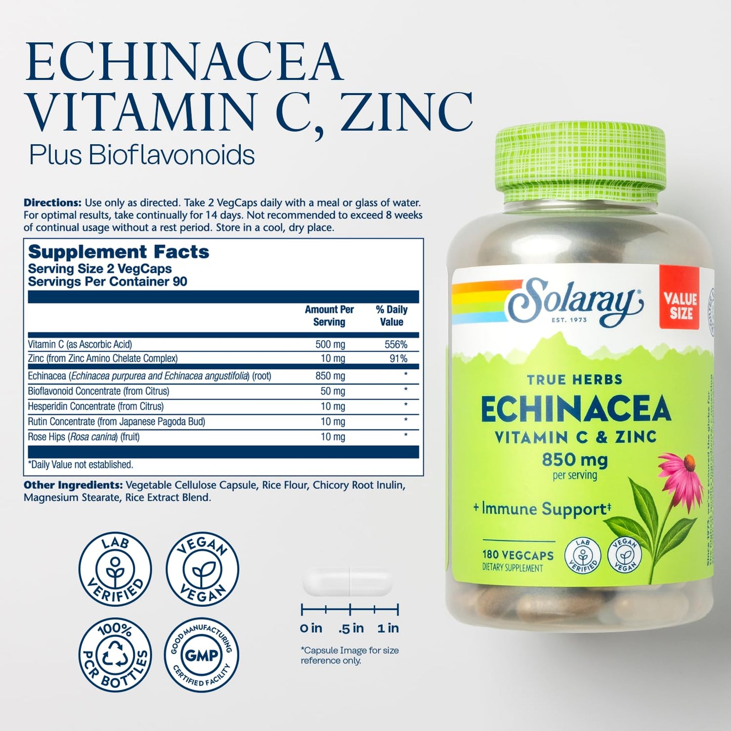 SOLARAY Echinacea Vitamin C & Zinc 850mg – Immune Support Capsules | Vegan, Lab Verified, 180 VegCaps