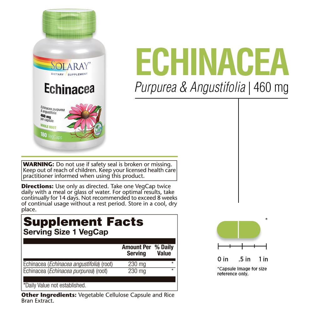 SOLARAY Echinacea Purpurea & Angustifolia Root 460 mg – Immune & Respiratory Support (180 VegCaps)