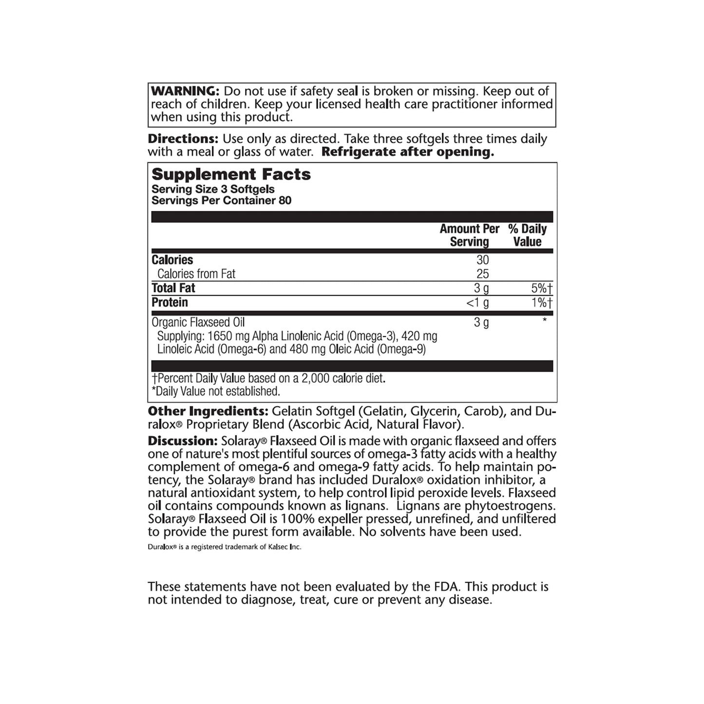 SOLARAY Flaxseed Oil 3000 mg | Omega 3-6-9 Softgels for Skin Health