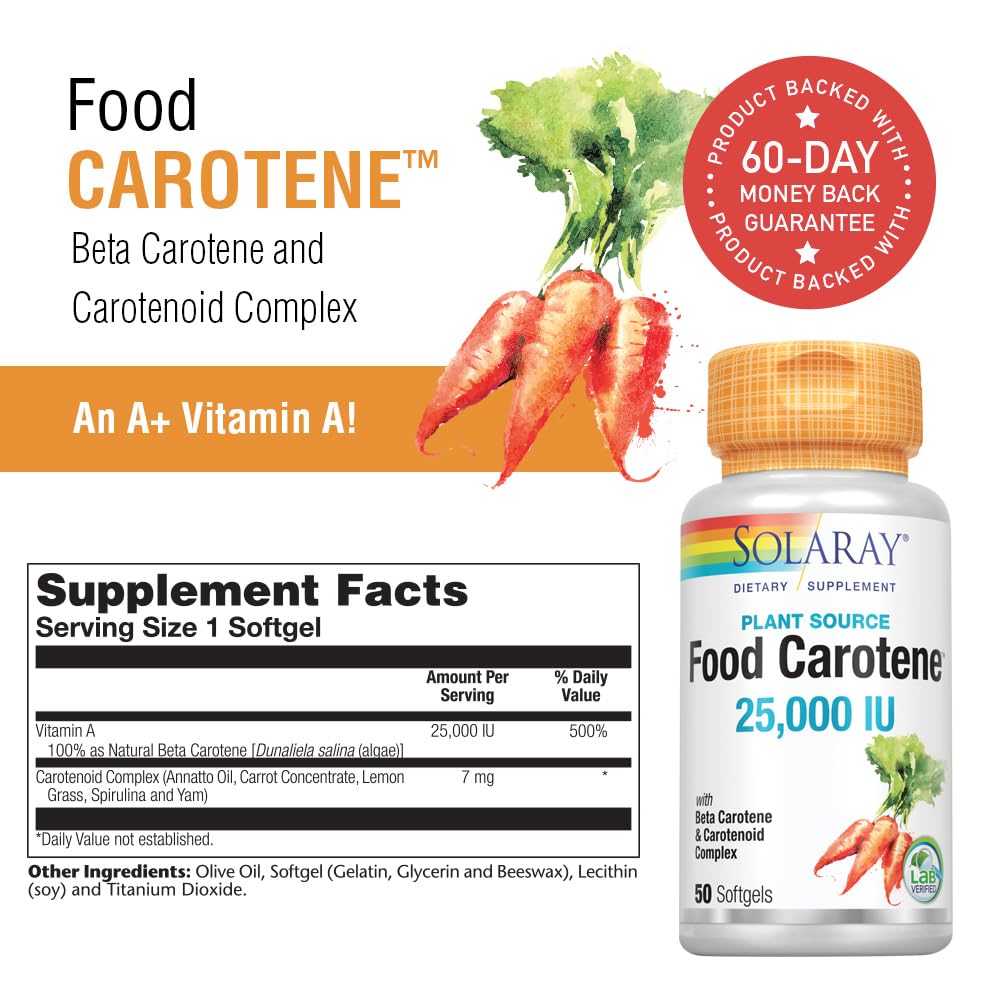 SOLARAY Food Carotene – 25,000 IU Vitamin A (Beta Carotene) for Skin, Eyes & Immunity | 50 Count