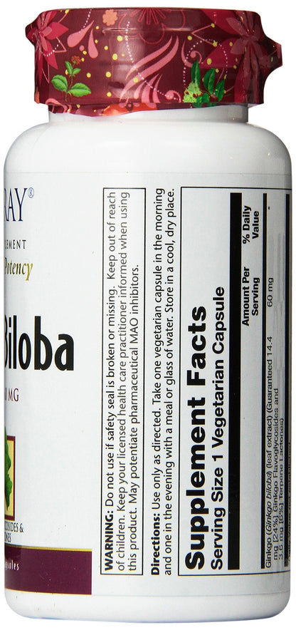 SOLARAY Guaranteed Potency Ginkgo Biloba Leaf Extract, Veg Cap - 60 mg, 120ct