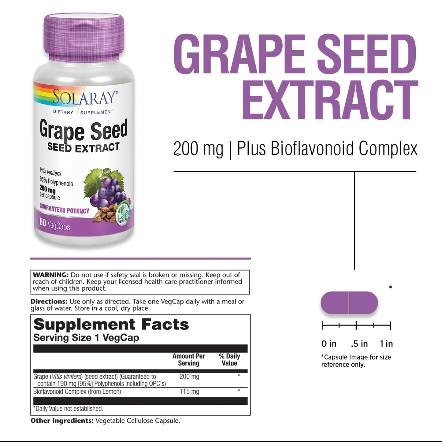 SOLARAY Grape Seed Extract 200 mg + Bioflavonoid Complex | Heart Health Support | 60 VegCaps