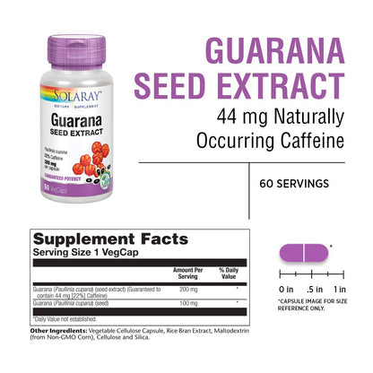 SOLARAY Guarana Seed Extract 300mg - 60 VegCaps | 44mg Caffeine
