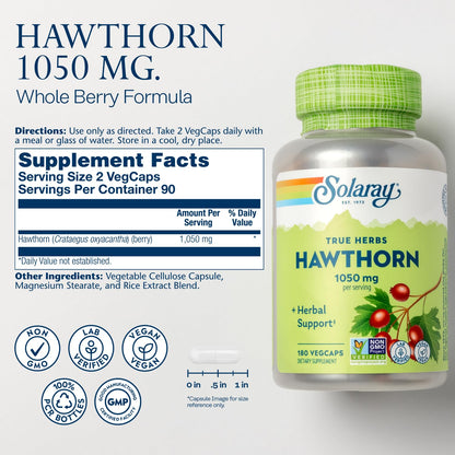 SOLARAY Hawthorn Berry Capsules 1050 mg – Vegan Whole Berry Supplement