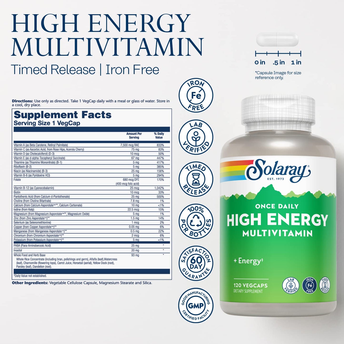 SOLARAY High Energy Multivitamin - Iron-Free, 1 Daily Timed-Release, 120 VegCaps