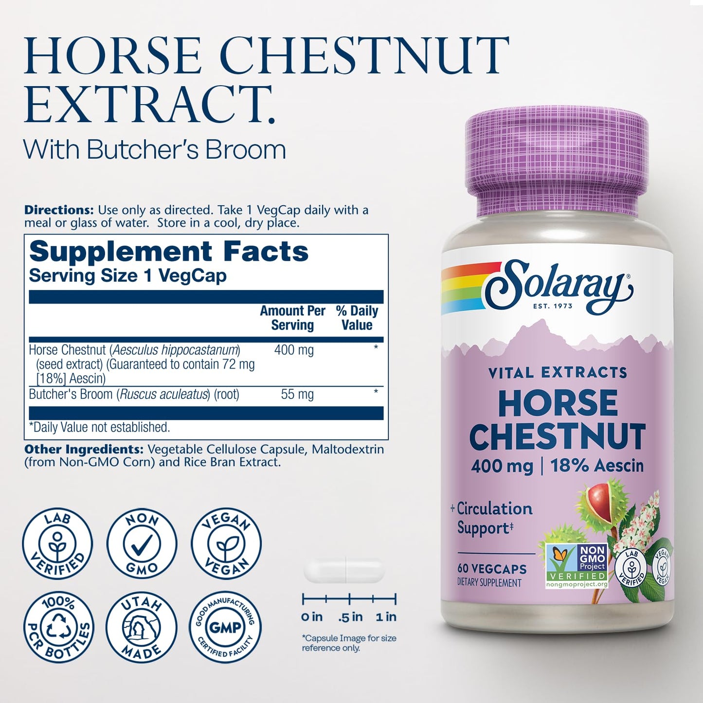 Solaray Horse Chestnut Extract 400 mg – 72 mg Aescin, 55 mg Butcher's Broom | Vein Health