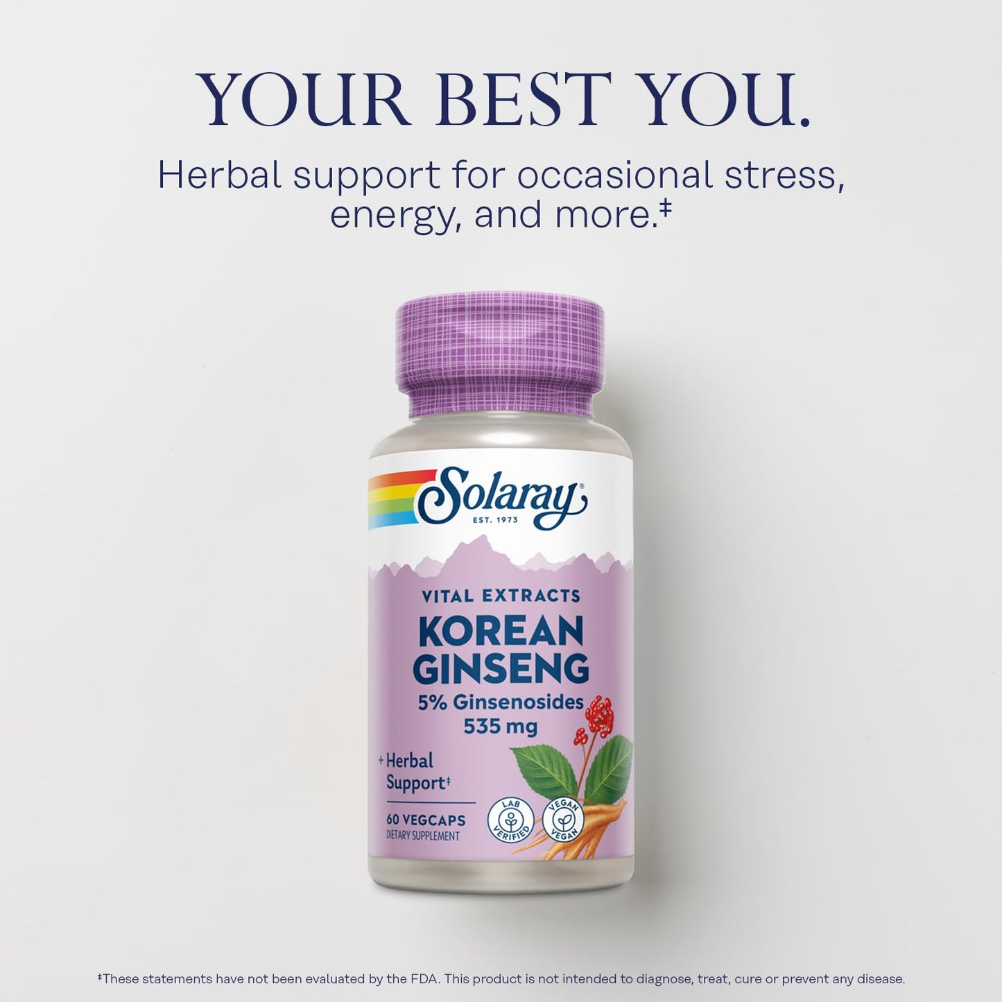 SOLARAY Korean Ginseng Root Extract - 60 Servings, 60 VegCaps | Vegan, Lab Verified
