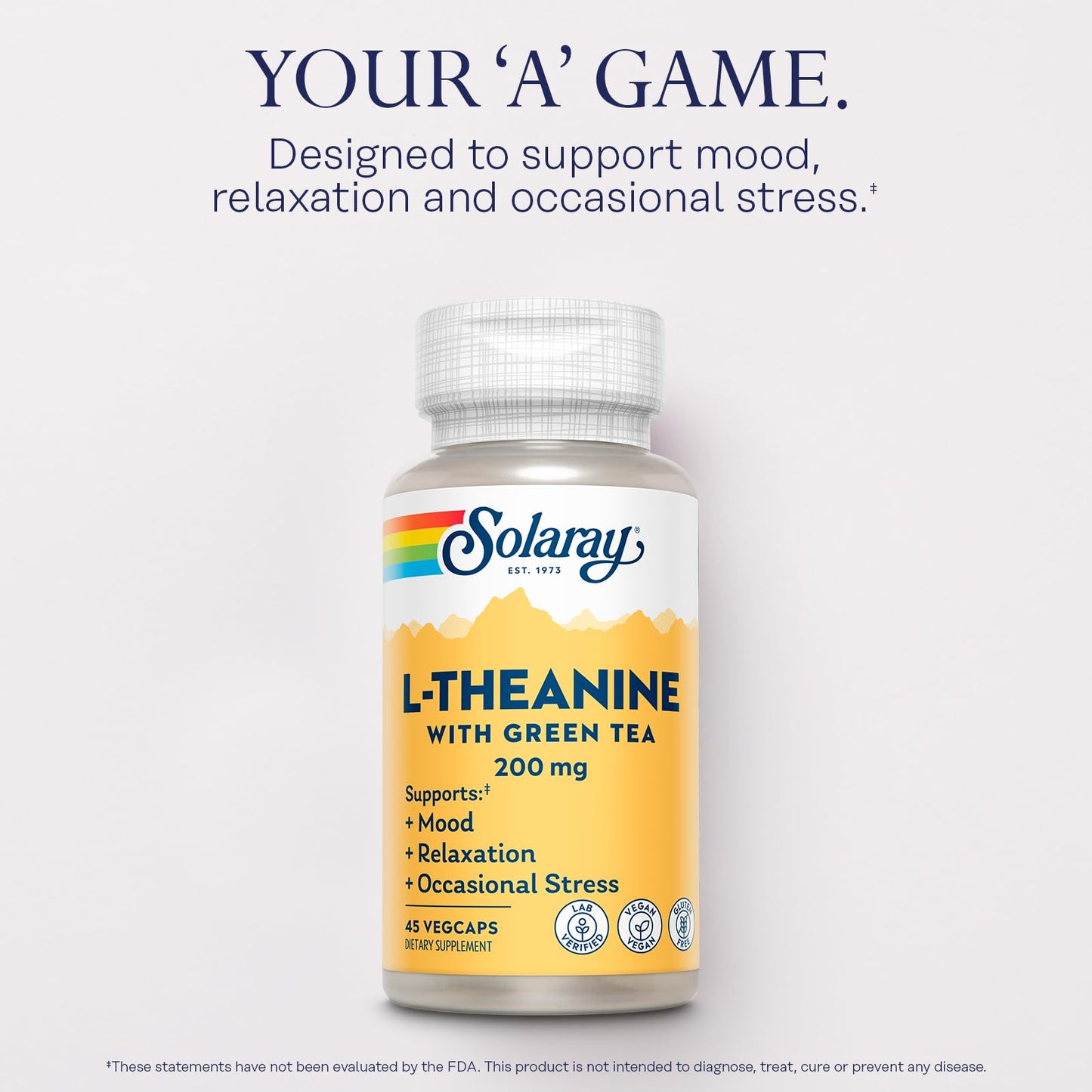 SOLARAY L-Theanine 200mg with Green Tea – Mood Support & Relaxation, 45 VegCaps