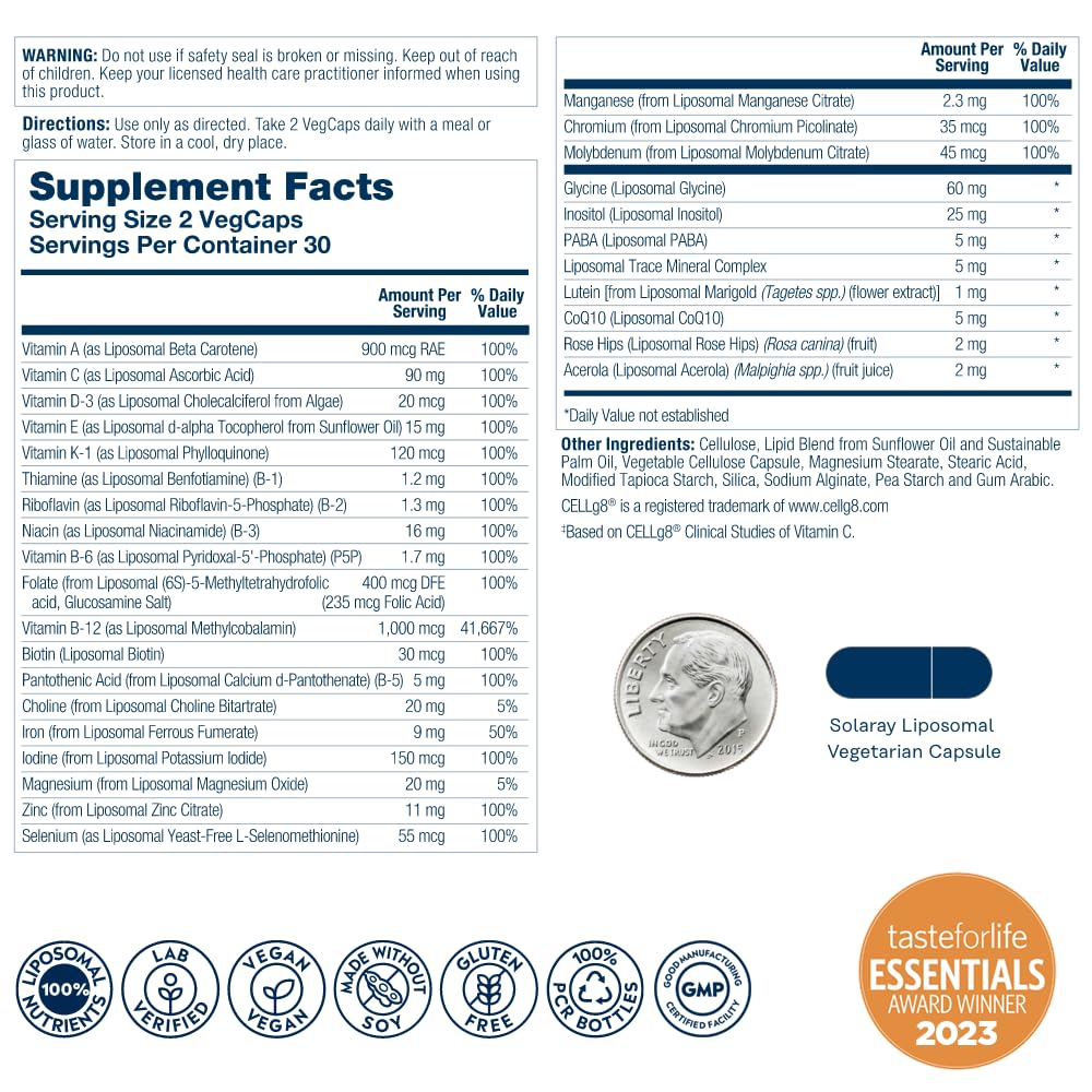 SOLARAY Liposomal Multivitamin for Men & Women | High Potency, Enhanced Absorption, 30 Servings, 60 VegCaps