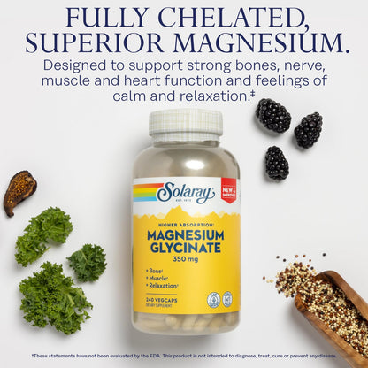 Solaray Magnesium Glycinate with BioPerine – Fully Chelated Bisglycinate, High Absorption, 60 Servings, 240 VegCaps