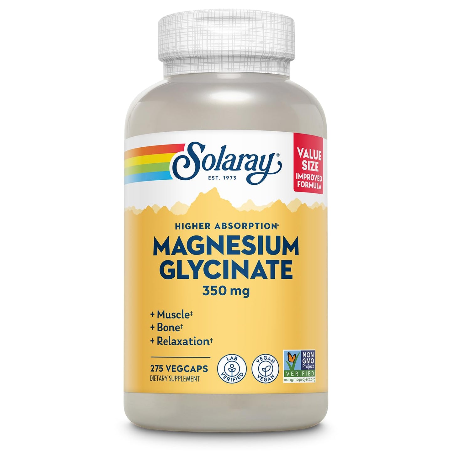 SOLARAY Magnesium Glycinate Capsules | Chelated Magnesium Bis Glycinate with BioPerine for Higher Absorption | Vegan, 275 VegCaps, 68 Servings