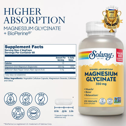 SOLARAY Magnesium Glycinate Capsules | Chelated Magnesium Bis Glycinate with BioPerine for Higher Absorption | Vegan, 275 VegCaps, 68 Servings