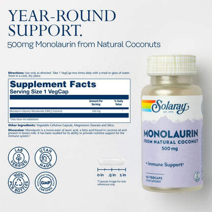 SOLARAY Monolaurin 500mg – Immune Support, Lab Verified, 60 Servings