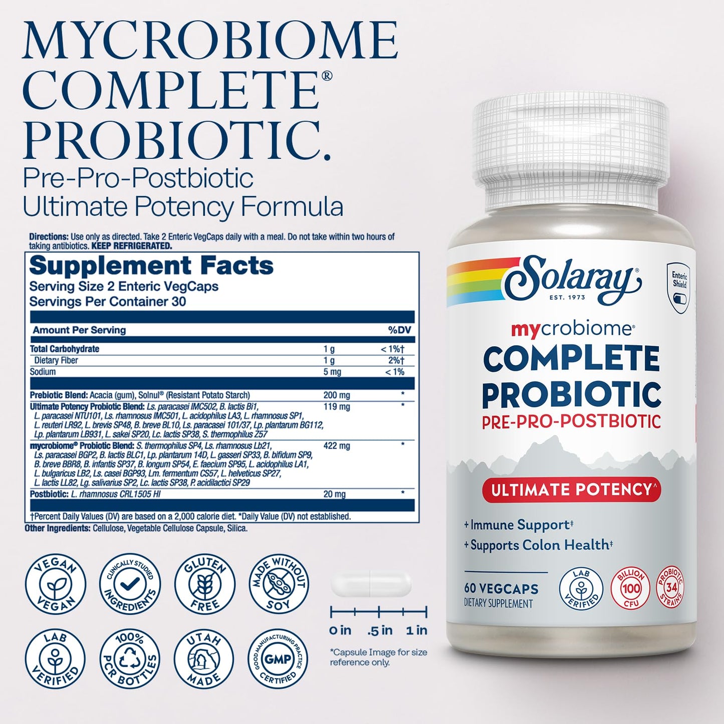 SOLARAY Mycrobiome Complete Probiotic Ultimate Potency – 100B CFU, 34 Strains, 60 VegCaps, Vegan