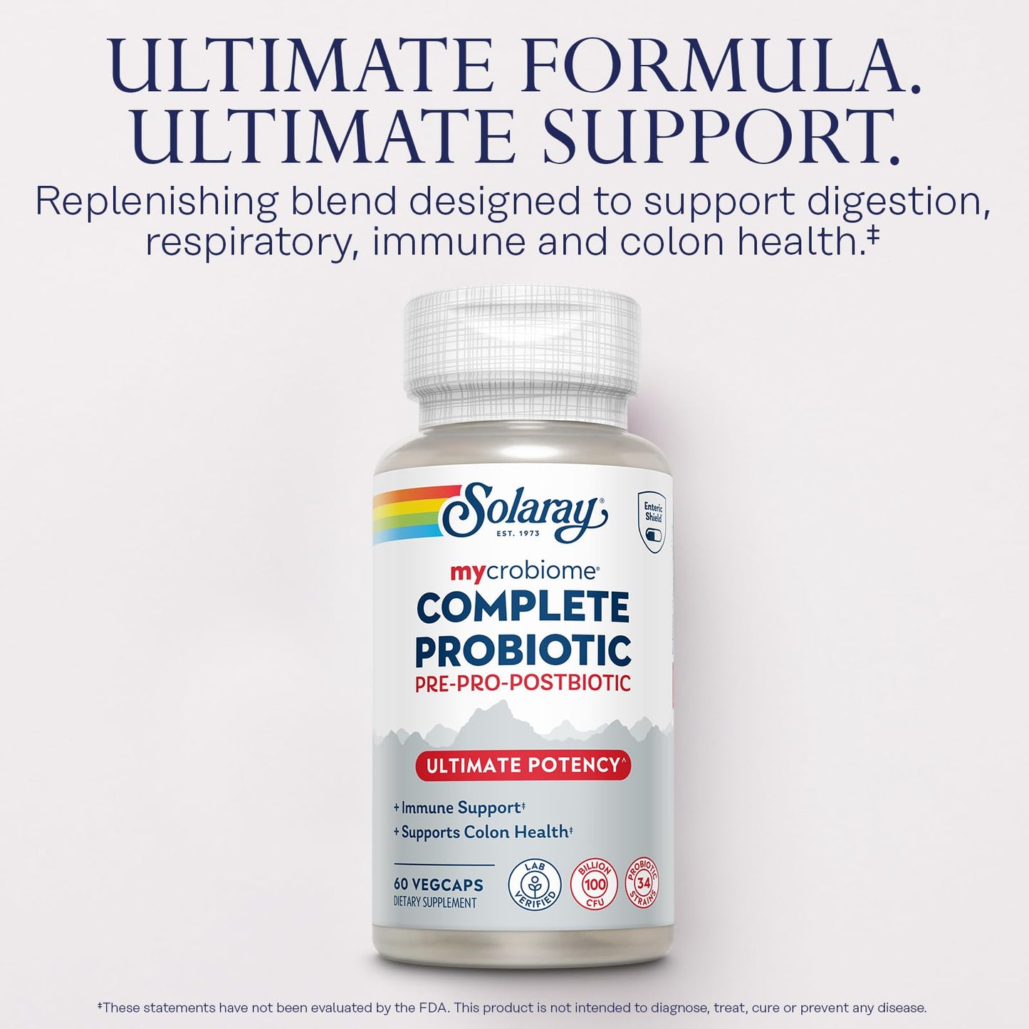 SOLARAY Mycrobiome Complete Probiotic Ultimate Potency – 100B CFU, 34 Strains, 60 VegCaps, Vegan