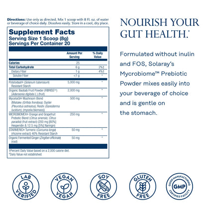 SOLARAY Mycrobiome Prebiotic Powder - Digestive Health Support, 20 Servings (5.64 oz)