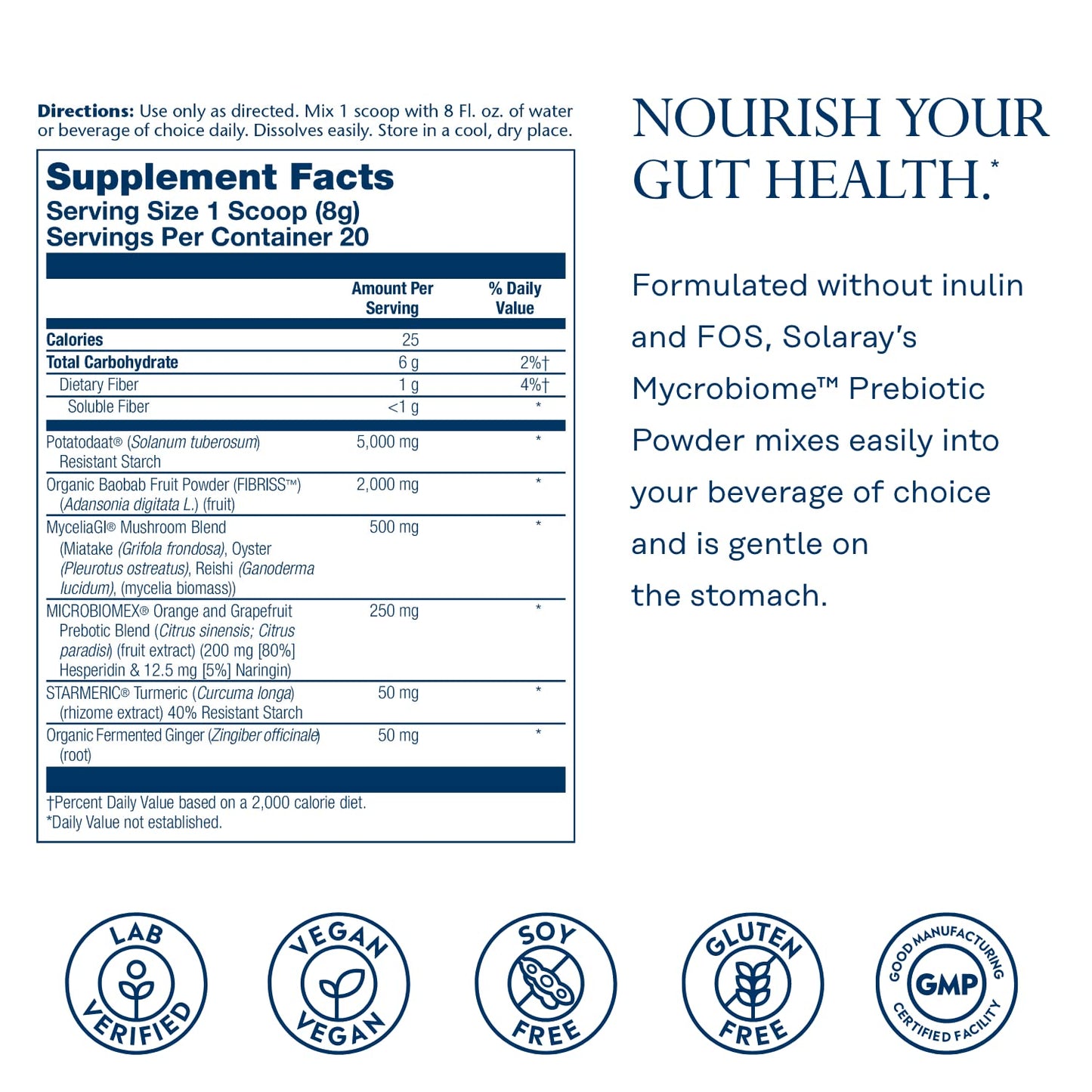 SOLARAY Mycrobiome Prebiotic Powder - Gut Health & Citrus Flavor, 20 Servings