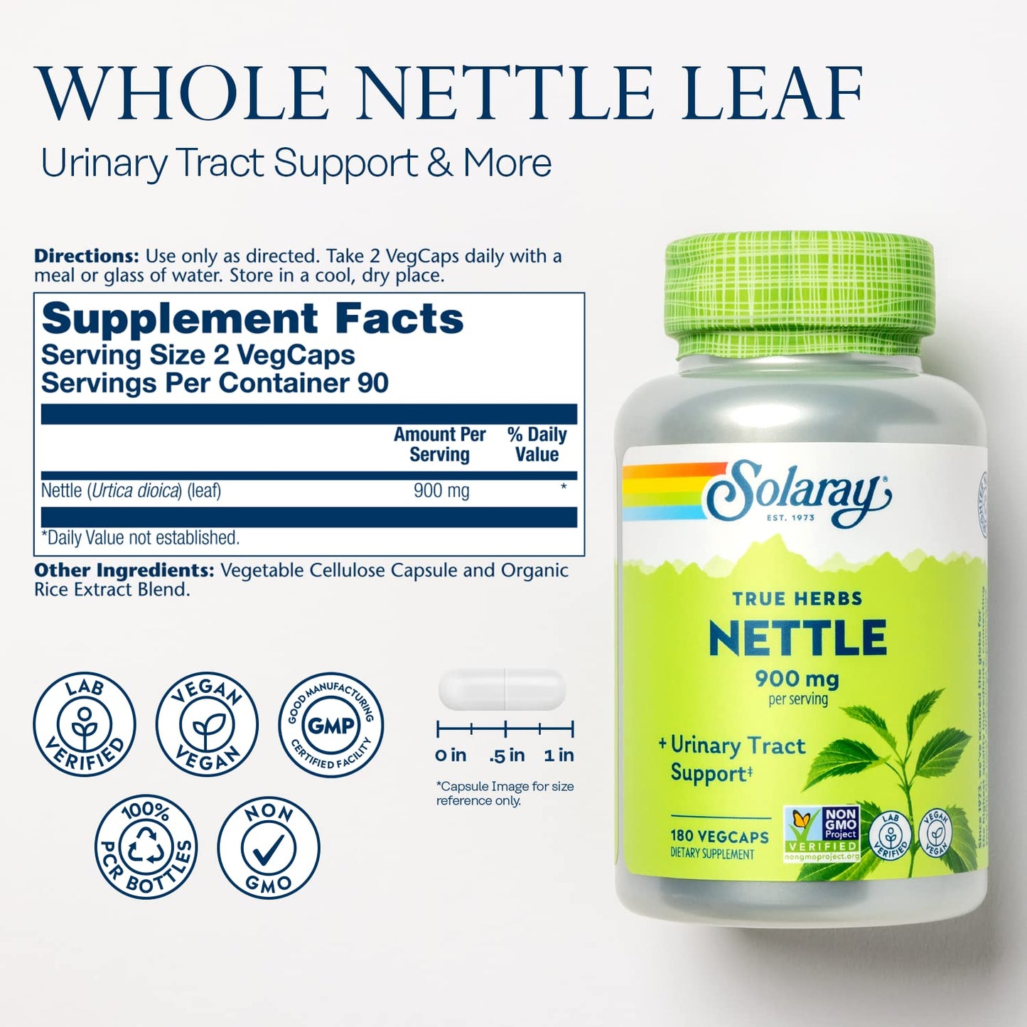 SOLARAY Nettle Leaf 450mg – Kidney, Urinary & Prostate Support | Respiratory Wellness (180 CT)