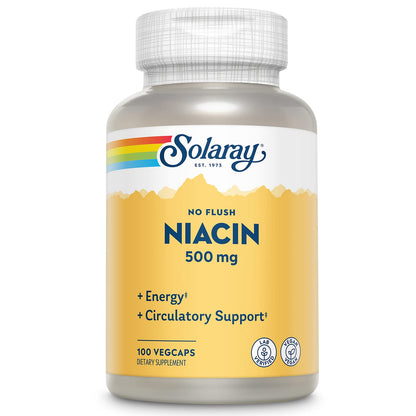 SOLARAY No-Flush Niacin 500mg – Flush-Free Vitamin B3 for Energy & Circulation | Vegan, Lab Verified, 60-Day Guarantee